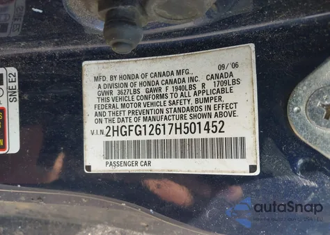 2007 Honda Civic Lx z USA, uszkodzony, nr VIN 2HGFG12617H501452